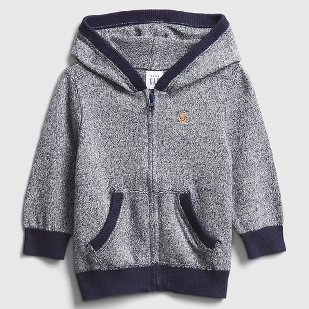Baby GAP Blue Marled Knit Full Zip Hoodie Brannan Bear Sweater 6-12 Months